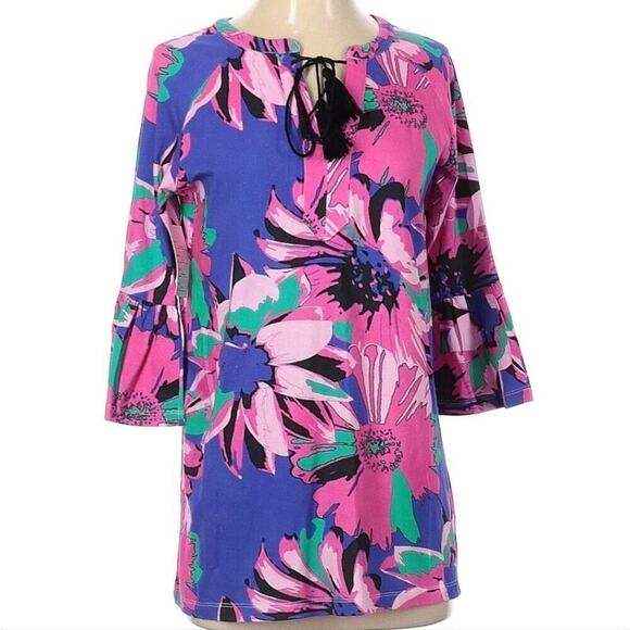 Tracy Negoshian Womens Size XXS Blue & Pink Flowered Blouse W/ Tied Neckline NWT - Picture 1 of 7